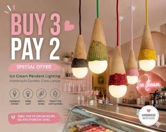 Buy 3 Pay 2 Ice Cream Pendant Light – Ceramic Cone Lamp Set – Cafe & Kitchen Lighting – Handmade Hanging Light