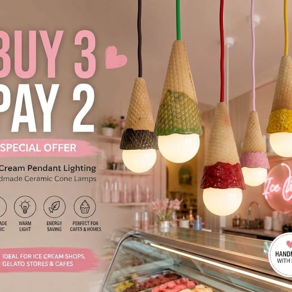 Buy 3 Pay 2 Ice Cream Pendant Light – Ceramic Cone Lamp Set – Cafe & Kitchen Lighting – Handmade Hanging Light