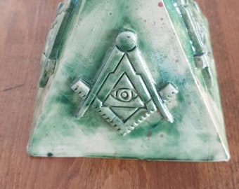 Handcrafted Masonic Pyramid: Ceramic Freemasonry Symbol Decor
