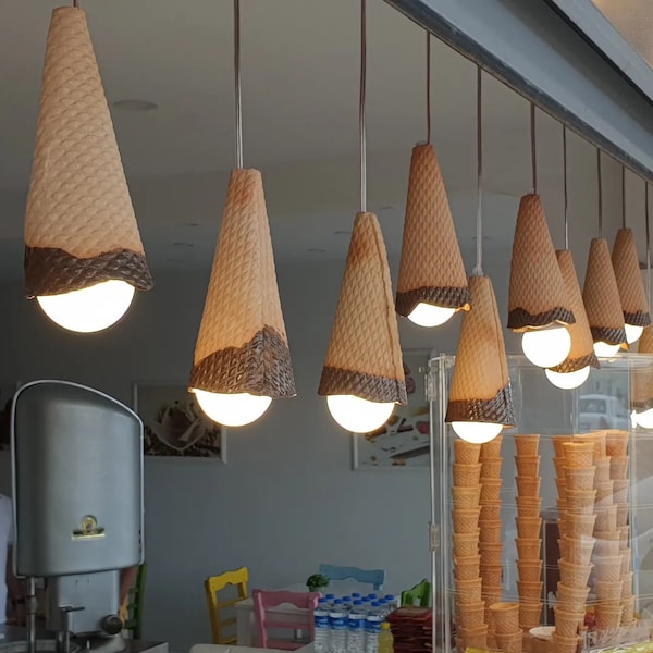 Ceramic ice Cream Cone Light Fixture.  Pendant Lamp for Office  Home Garden Patio Décor.  Artworks, by handmade, unigue.