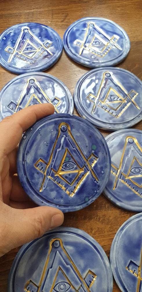 Masonic Ceramic Coaster Miter&compass Handmade Engraved-relief-glazed ...