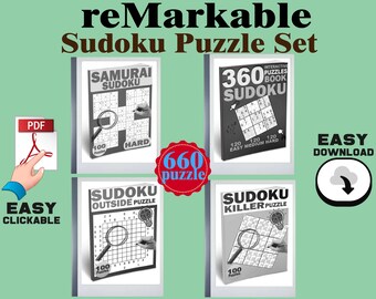 Puede incluir: Un conjunto de cuatro libros de Sudoku con diferentes niveles de dificultad. Los libros se titulan "Samurai Sudoku", "360 Sudoku", "Sudoku Outside Puzzle" y "Sudoku Killer Puzzle". Cada libro presenta una imagen en blanco y negro de un Sudoku con una lupa y un bolígrafo.