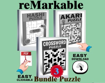 May include: A bundle of three puzzle books, including Hashi, Akari, and Crossword puzzles. The books are black and white and feature a variety of puzzle grids. The bundle is labelled "remarkable" and "easy download".