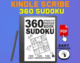 May include: A Kindle Scribe e-reader displaying a 360 Sudoku puzzle book with 120 easy, medium, and hard puzzles. The screen shows a sample puzzle with numbers filled in. The image also includes a red PDF icon and a download button.