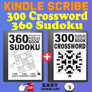 May include: A Kindle e-reader displaying a digital book cover with the text "360 Interactive Puzzles Book Sudoku" and "300 Interactive Puzzles Book Crossword". The cover shows a Sudoku puzzle and a Crossword puzzle. The text "Easy Download" is also visible.