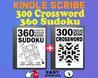 May include: A Kindle e-reader displaying a digital book cover with the text "360 Interactive Puzzles Book Sudoku" and "300 Interactive Puzzles Book Crossword". The cover shows a Sudoku puzzle and a Crossword puzzle. The text "Easy Download" is also visible.