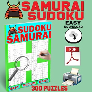 300 Samurai Sudoku Printable Brain Teaser Puzzle Book for Adults Instant PDF Download Puzzle Game Fine Motor Skill Builder Relax Funny Book