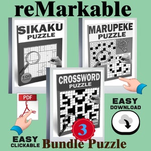 500 reMarkable Puzzle Crucigrama Marupeke Sikaku Juego digital Brain Teaser Libro de rompecabezas para adultos IQ Puzzle Hipervínculo PDF Descarga instantánea digital