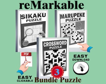 Puede incluir: Un paquete de tres libros de rompecabezas, que incluye un crucigrama, un rompecabezas de sikaku y un rompecabezas de marupeke. Los libros son en blanco y negro y tienen un diseño simple. El texto en la portada de los libros dice "Crossword Puzzle", "Sikaku Puzzle" y "Marupeke Puzzle". El paquete está etiquetado como "Bundle Puzzle" e incluye el número "3" en un círculo rojo.