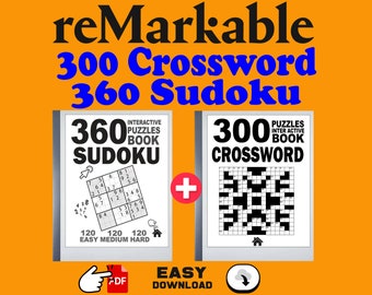 May include: A digital image showing two book covers. The left cover is for a book of 360 Sudoku puzzles. The right cover is for a book of 300 Crossword puzzles. Both covers are white with black text and a sample puzzle.