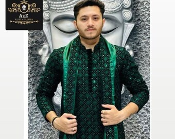 Handmade Sequence Work Kurta Shalwar Set: Indian Party Wear Suit