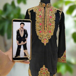 Men&#39;s Black Velvet Kurta with Heavy Hand Embroidery Gold & Pink Ethnic Indian Wedding Wear Festive Sherwani Style Long Kurta for Groom Party