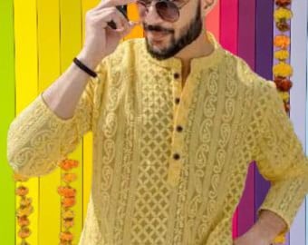 Men's Yellow Paisley Chikankari Kurta Set: Embroidered Cotton Indian Wedding Outfit