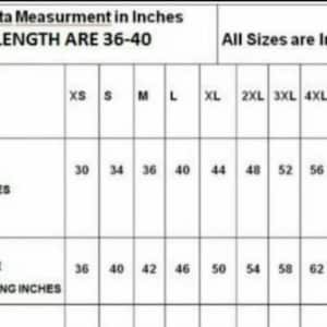 May include: A size chart for men's kurtas, with measurements in inches. The chart includes sizes from XS to 7XL, detailing chest sizes and shirt chest sizes with loose fitting inches. The length of all sizes is 36-40 inches.