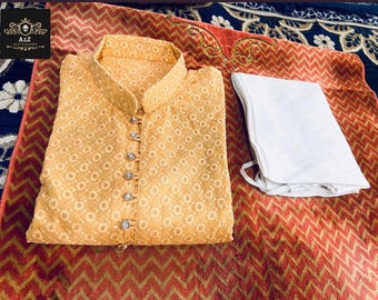 Men's Yellow Paisley Chikankari Kurta Set: Embroidered Cotton Indian Wedding Outfit