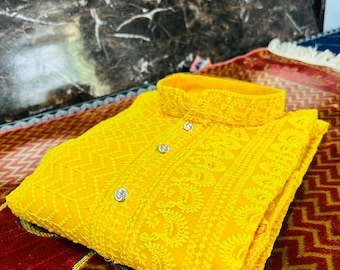 Men's Yellow Paisley Chikankari Kurta Set: Embroidered Cotton Indian Wedding Outfit
