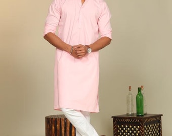 Handmade Pink Cotton Kurta Pajama Set: Indian Party Wear Suit