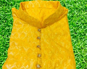 Men's Yellow Paisley Chikankari Kurta Set: Embroidered Cotton Indian Wedding Outfit