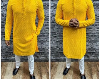 Men's Yellow Paisley Chikankari Kurta Set: Embroidered Cotton Indian Wedding Outfit