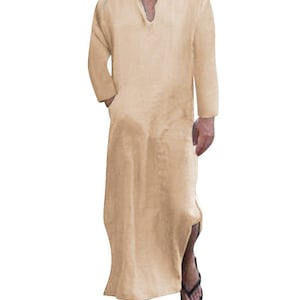 Men&#39;s Handcrafted Light brown Linen Kaftan Comfortable & Stylish Men&#39;s Kaftan Breathable Elegant for Summer Kaftan Perfect for Casual Wear