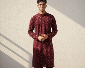 Men's Brown Cotton Kurta Pajama Set - Indian Festive Outfit