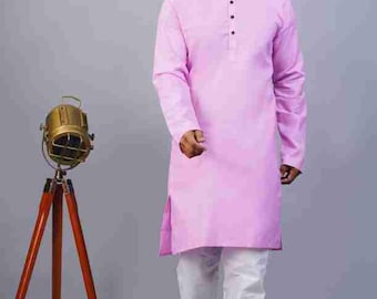 Handmade Pink Cotton Kurta Pajama Set: Indian Party Wear Suit