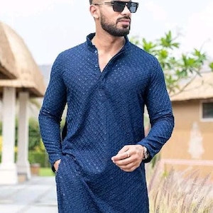 Men Summer blue Georgette Paisley Design Chikankari Regular fit Mens Kurta Set, Men Embroidered Kurta, Mens Ethnic Kurta/Wedding Kurta Men