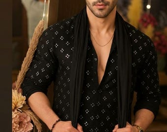 Men's Black Cotton Kurta Pajama Set: Mirror Work Indian Outfit