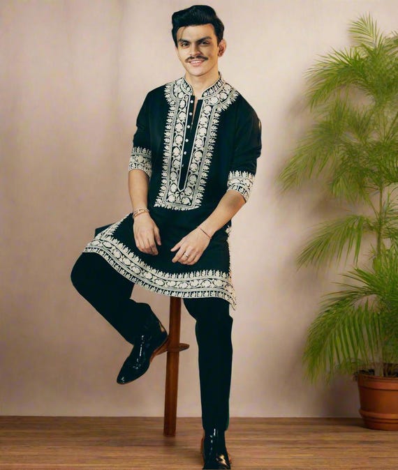 Men's Black Cotton Kurta Pajama Set: Indian Wedding Groom Outfit