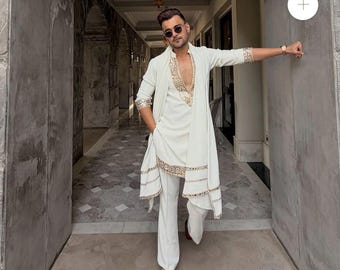 Mens white emroiered kurta pajama with  dupatta | luxury wedding and festive wear