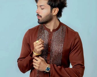 Men's Brown Cotton Kurta Pajama Set: Sequin Work Indian Wedding Wear