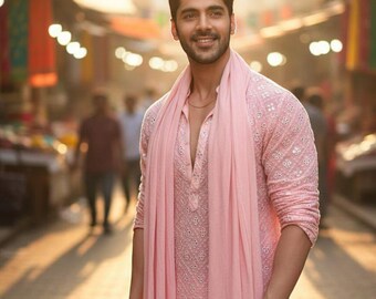 Men's Pink Cotton Kurta Pajama with Dupatta - Indian Wedding Outfit