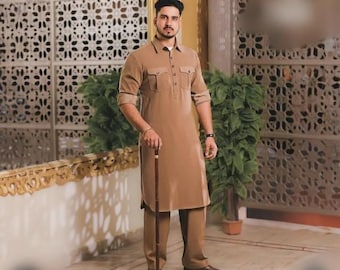 Handmade Cotton Pathani Salwar Kameez: Men's Indian Kurta Pajama Suit