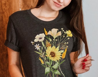 Vintage Wildblumen T-Shirt gepresste Blumen Look Boho Geschenk für Freundin perfekt fürs Wandern, Outdoor und Camping