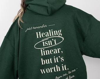 Hoodie voor mentale gezondheid: genezing van angst en groei is niet lineair. Oversized hoodie met bevestigingscitaat. Cadeau voor haar. Gezellige esthetische trui.