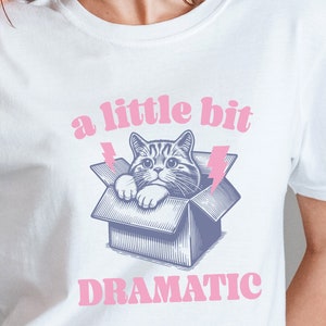 Könnte beinhalten: Weißes T-Shirt mit einer pinkfarbenen Grafik eines Katers in einer Kiste mit Blitzen und dem Text "a little bit dramatic".