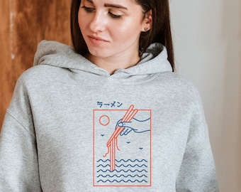 Foodie Hoodie für ein Meer aus Ramen Nudeln minimalistische Line Art Japan Hoodie Anime Chopsticks Pullover