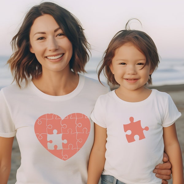 Mama child partner look shirt heart & puzzle, gift for birth mom and baby matching outfit, mom and baby set