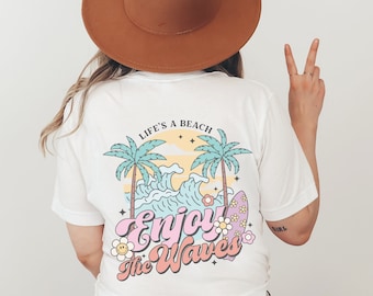 Maglietta da surfista, maglietta da viaggio per la spiaggia, maglietta estiva unisex con stampa oversize sul retro e sul davanti, regalo per surfisti