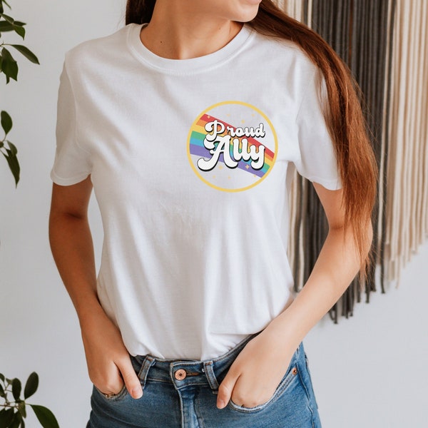 Proud Ally T-Shirt aus weichem Stoff | Pride-Month Geschenk | Retro Pride Shirt für LGBTQ+ Freunde | Retro Front oder Back Print