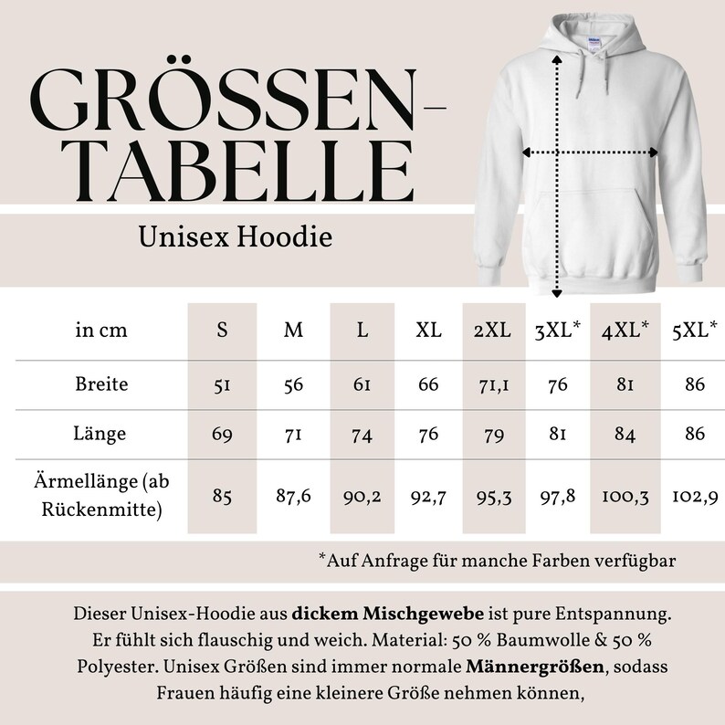 May include: White unisex hoodie with a size chart in centimetres. The chart displays measurements for width, length, and sleeve length, ranging from size S to 5XL. The text on the chart is in German.