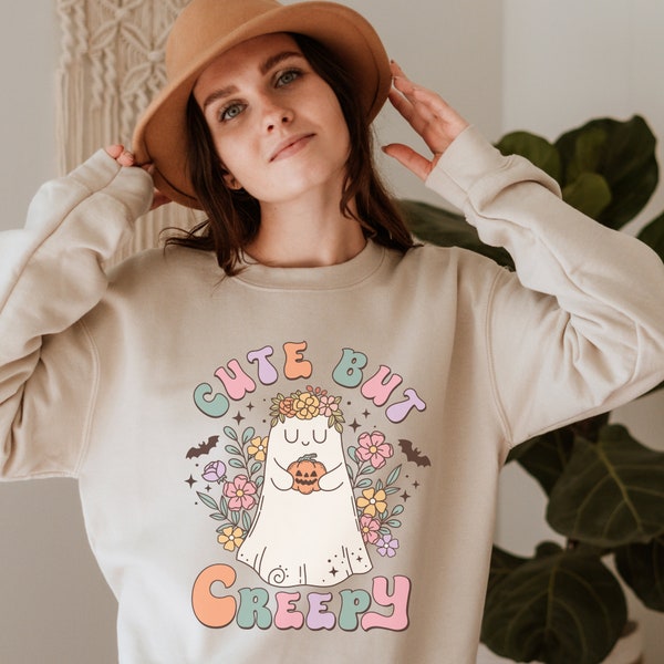 Halloween Sweatshirt Cute but Creepy Sweatshirt Retro Geist Pullover für Halloween Hippie Blumen Geist