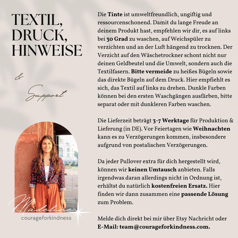 K&ouml;nnte beinhalten: Bild mit deutschem Text, der Textilpflegehinweise gibt, wie Waschen bei 30 Grad Celsius, Vermeidung von Weichsp&uuml;ler und Lufttrocknung. Eine Frau steht vor einem Geb&auml;ude. Die E-Mail-Adresse des Shops ist ebenfalls angegeben.