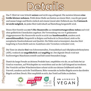 May include: A white t-shirt with a detailed description of its features and care instructions. The text includes information about the fabric, manufacturing process, and ethical sourcing. The shirt is certified Fair Wear and Oeko-Tex Standard 100, and is also vegan.