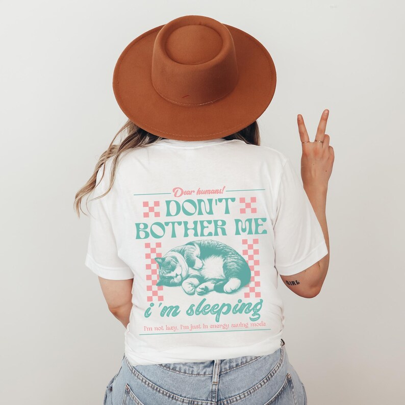 Retro Cat Shirt, Sleeping Cat Cute T-Shirt, Gift for Cat Lovers, Back Print Cat, Vintage Shirt Back