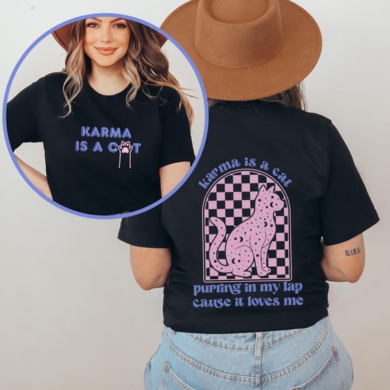 Retro Cat Shirt Karma is a Cat für Katzenliebhaber T-Shirt Rückenaufdruck Katze Vintage Shirt