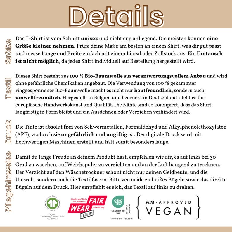 May include: A white t-shirt with the text "Details" in large, bold, black letters. The text "P.T.A. - APPROVED VEGAN" is in a black box with white letters. The shirt is made from 100% organic cotton and is certified by Fair Wear and Oeko-Tex.