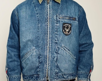 Chevignon Conquest Denim Zip Jacket Large Blue 1980s Workwear Utility