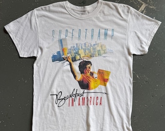 Supertramp T-Shirt Large White 'Breakfast in America' Classic Rock Tee