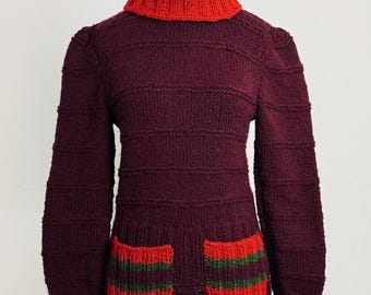 Vintage Hand Knit 1970s Burgundy Funnel Neck Hand-Knit Jumper M